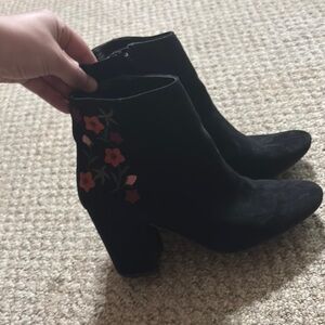 Black Ankle Boots with Floral Embroidery